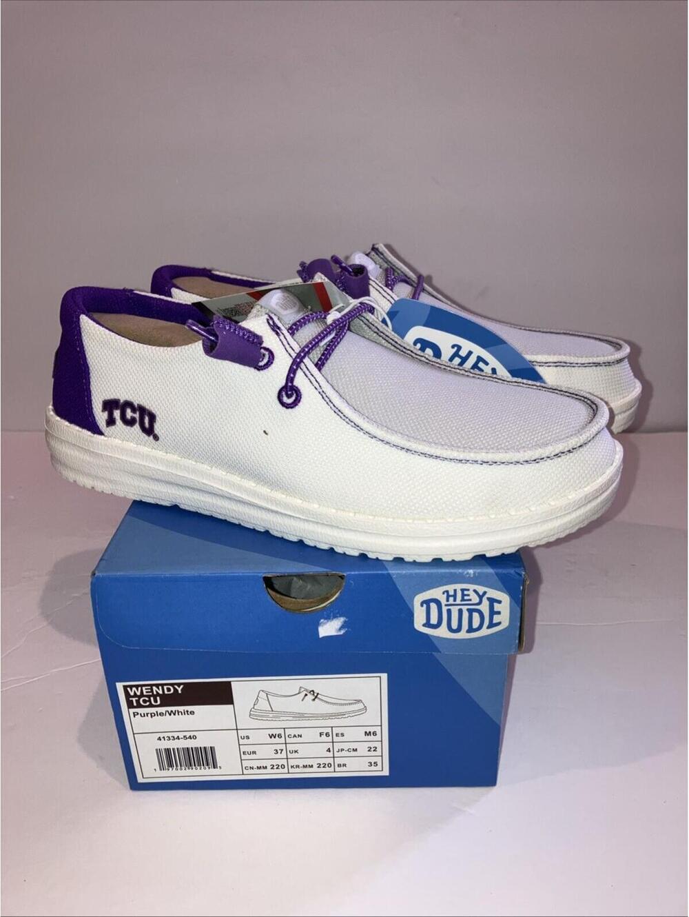 HEY DUDE Wendy TCU NCAA Purple White Slip On - Women's Size 6 NEW